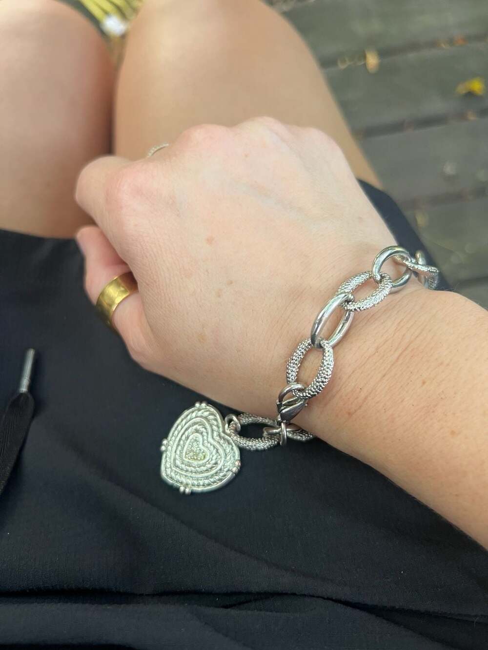 Silver Tone Chain Link Puffy Heart Bracelet w/ Pave Crystals Rhinestones